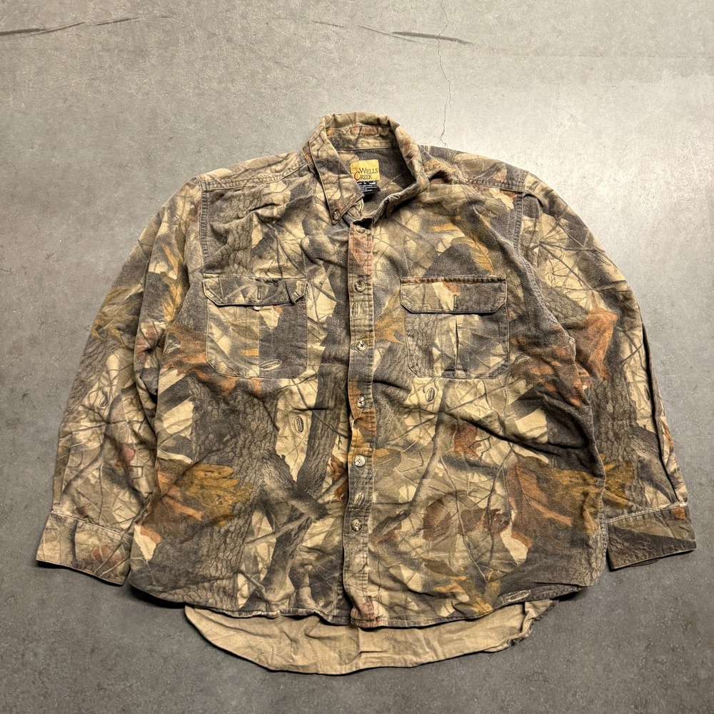 Wells Creek Mens XXL Camo Button Down Shirt Hardwoods Grey Cotton Canvas 103